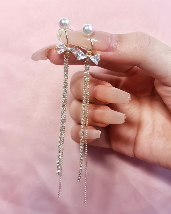 Lumina Bow | Pearl Bowknot Long Tassel Clip-On Earrings in Gold