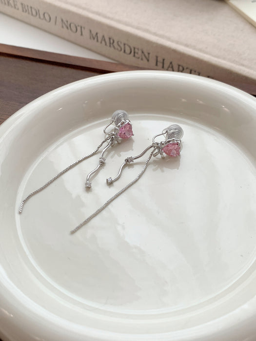 Cupid's Heart | Pink Heart Crystal Tassel Clip-on Earrings