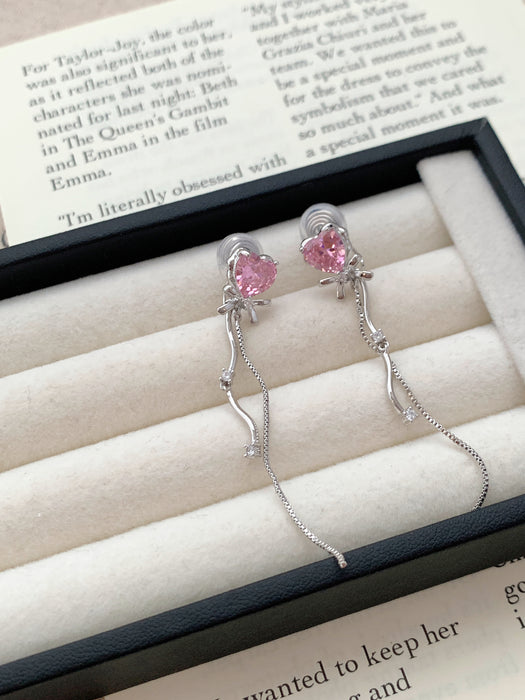 Cupid's Heart | Pink Heart Crystal Tassel Clip-on Earrings