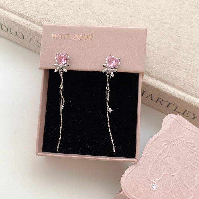 Cupid's Heart | Pink Heart Crystal Tassel Clip-on Earrings
