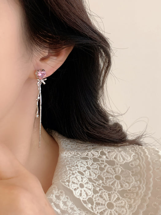Cupid's Heart | Pink Heart Crystal Tassel Clip-on Earrings