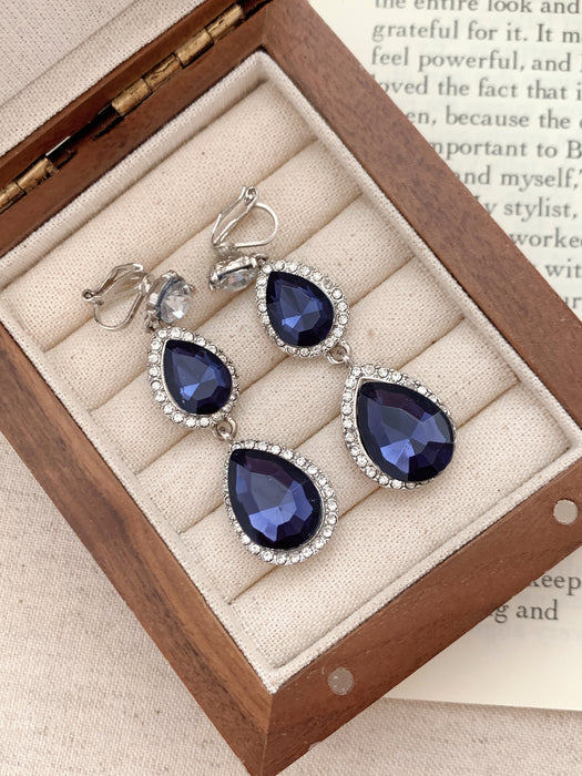 Ocean Tear| Blue Crystal Double Teardrop Clip-on Earrings