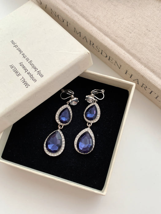 Ocean Tear| Blue Crystal Double Teardrop Clip-on Earrings