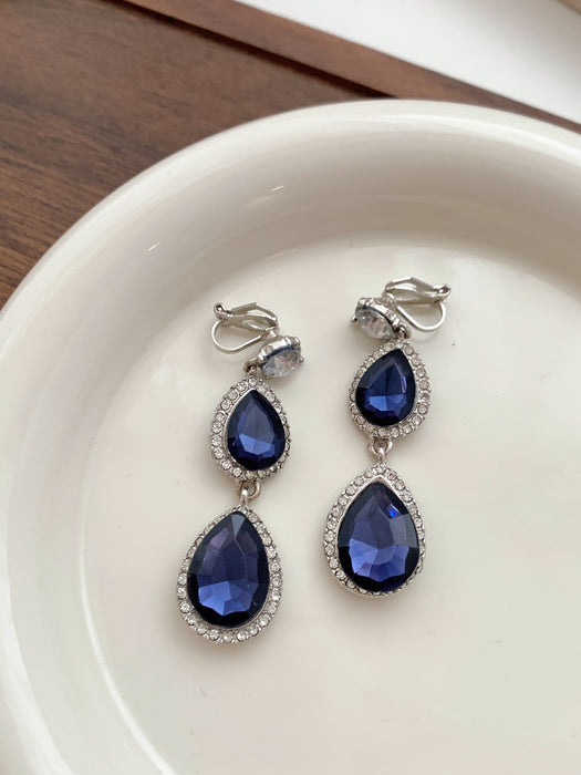 Ocean Tear| Blue Crystal Double Teardrop Clip-on Earrings
