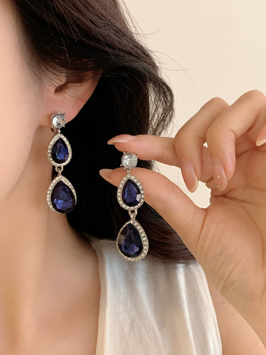 Ocean Tear| Blue Crystal Double Teardrop Clip-on Earrings