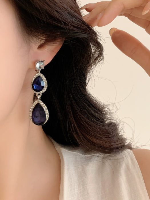 Ocean Tear| Blue Crystal Double Teardrop Clip-on Earrings