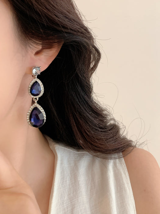 Ocean Tear| Blue Crystal Double Teardrop Clip-on Earrings