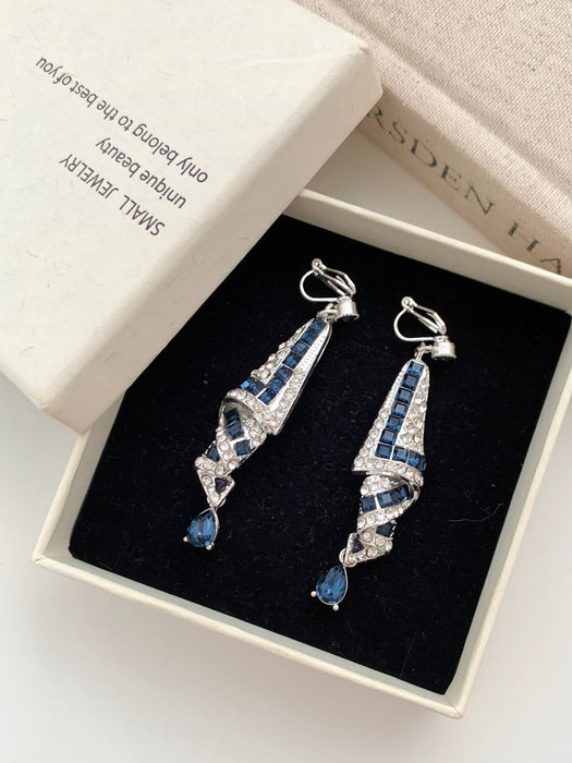Midnight Deco | Blue Crystal Geometric Drop Clip-on Earrings