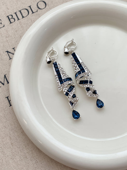 Midnight Deco | Blue Crystal Geometric Drop Clip-on Earrings