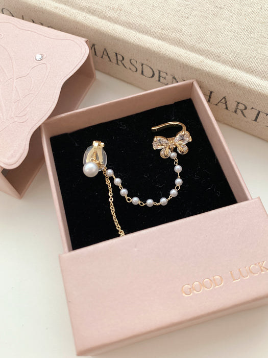 Butterfly Kiss | Crystal Butterfly Pearl Chain Clip-on Earrings