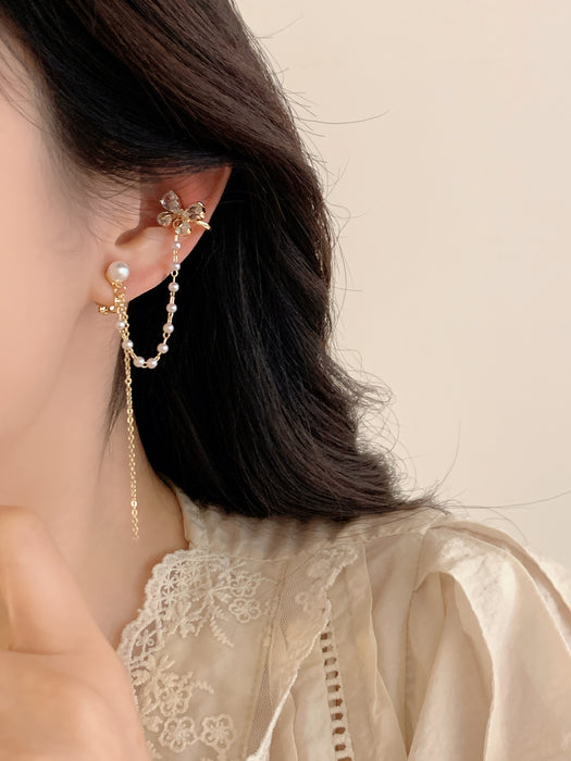 Butterfly Kiss | Crystal Butterfly Pearl Chain Clip-on Earrings