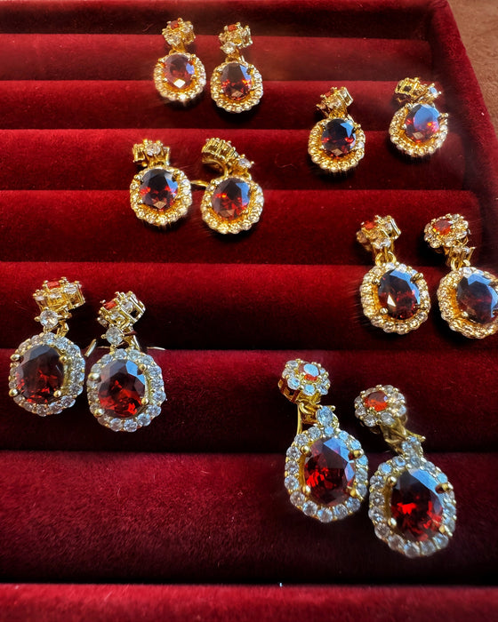 Ember Bloom | Red Gemstone Halo Drop Clip-on Earrings