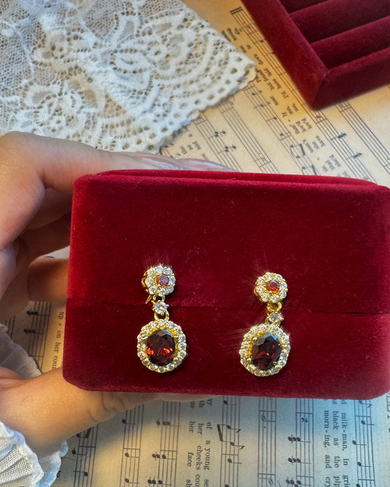 Ember Bloom | Red Gemstone Halo Drop Clip-on Earrings