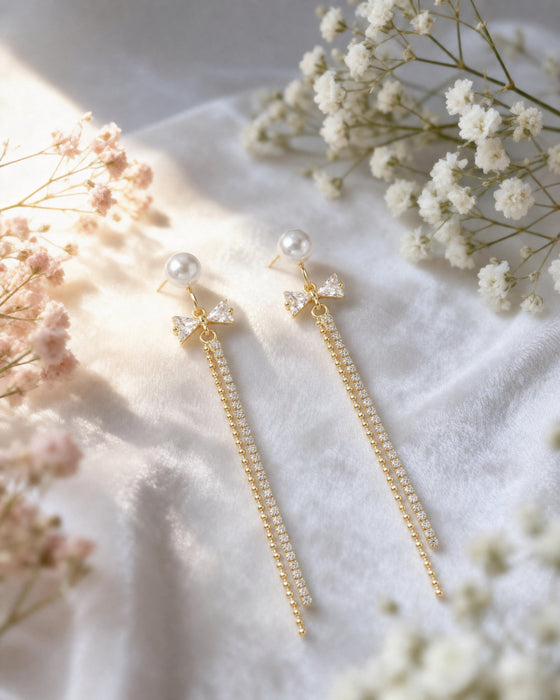 Lumina Bow | Pearl Bowknot Long Tassel Clip-On Earrings in Gold