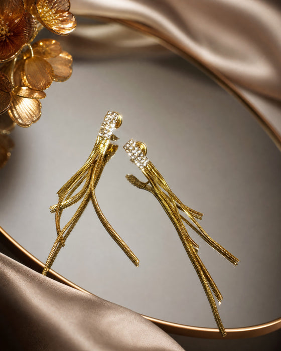 Golden Breeze | Crystal Bar Long Chain Tassel Clip-On Earrings