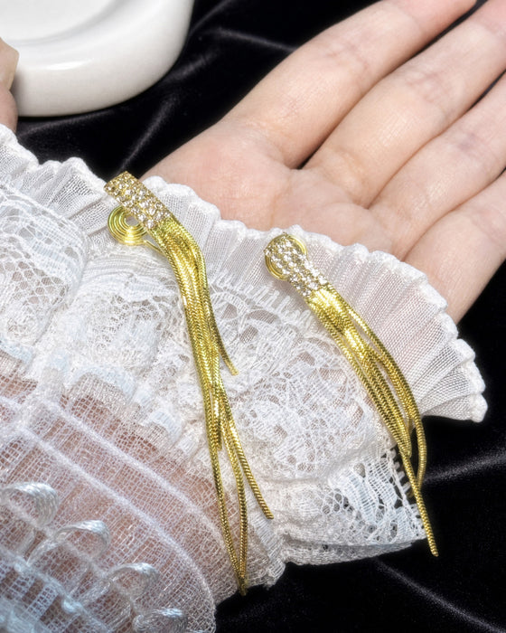 Golden Breeze | Crystal Bar Long Chain Tassel Clip-On Earrings