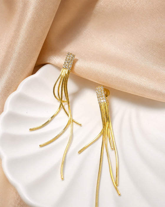 Golden Breeze | Crystal Bar Long Chain Tassel Clip-On Earrings