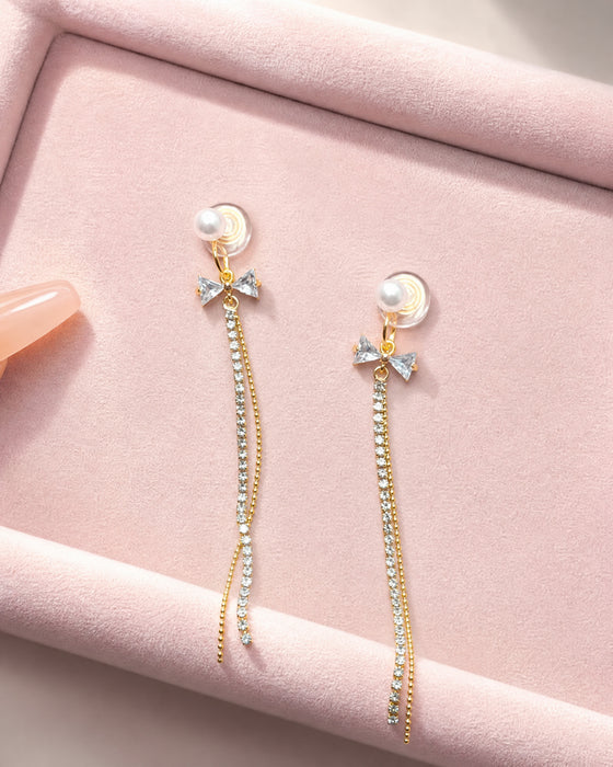 Lumina Bow | Pearl Bowknot Long Tassel Clip-On Earrings in Gold