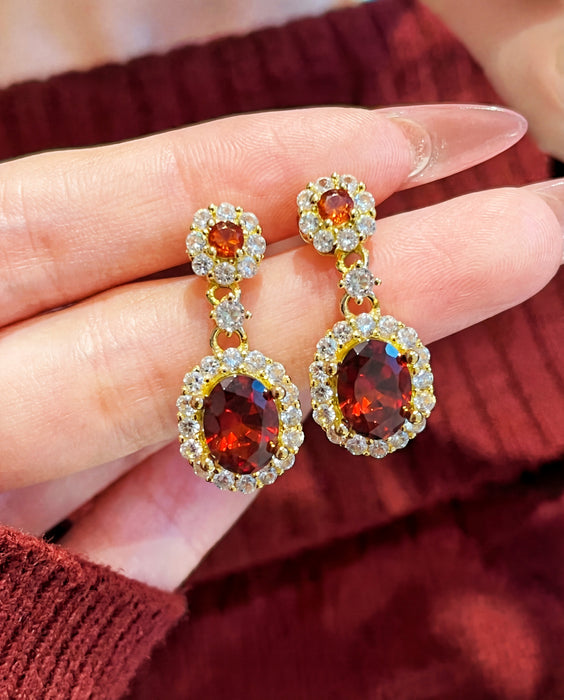 Ember Bloom | Red Gemstone Halo Drop Clip-on Earrings